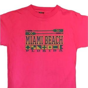 Hot Pink Short Sleeve T Shirt Miami Beach Florida Graphic On Chest Vintage 90s